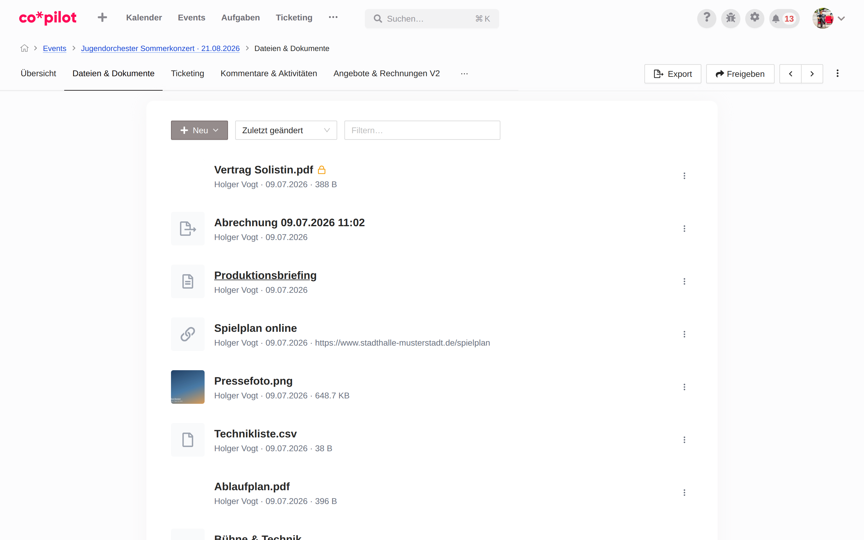 Übersicht mit Dateien, Ordnern, Link, Dokument und Export