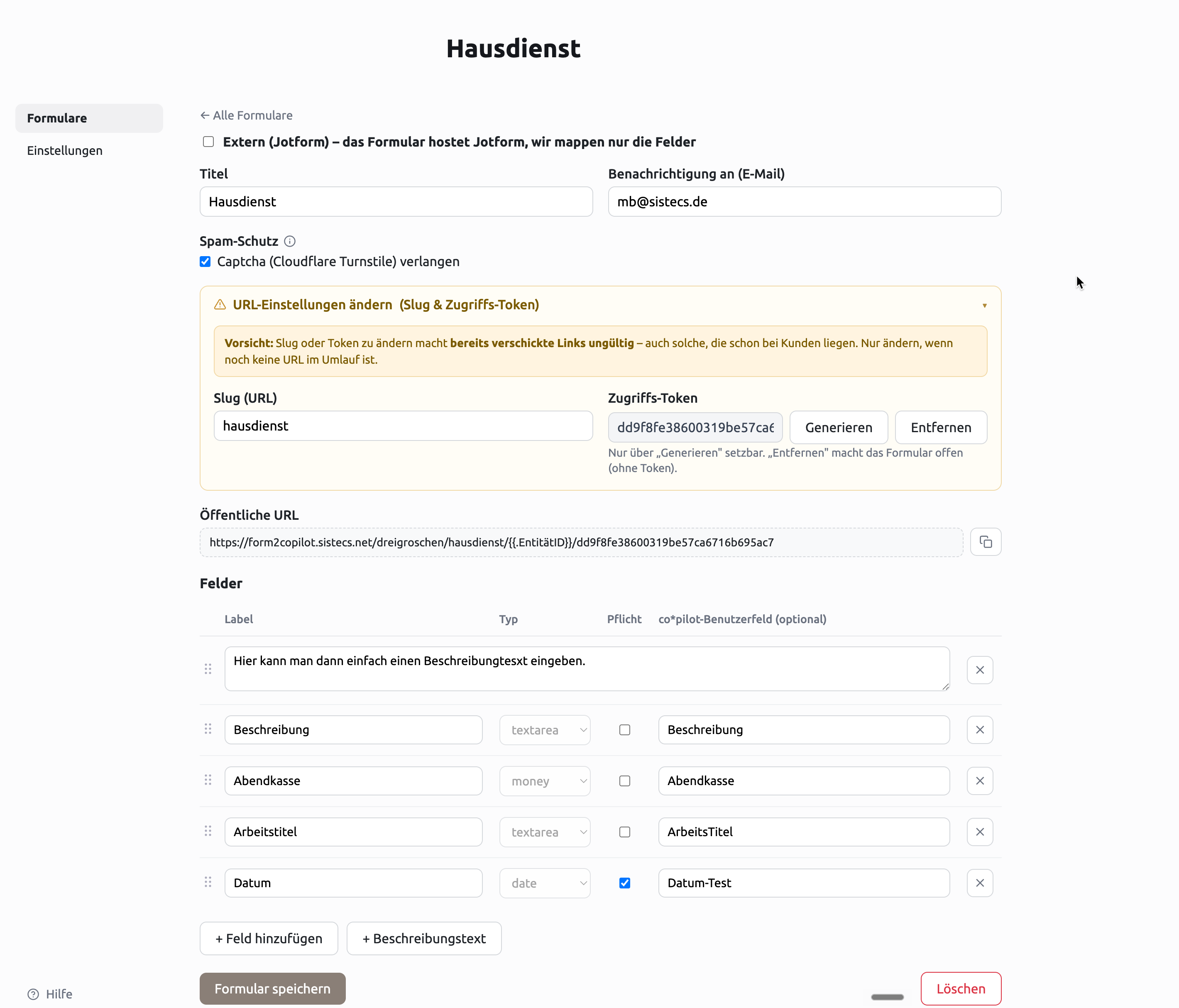 Bereich „Öffentliche URL" mit Event-ID-Platzhalter sowie Zugriffs-Token-Feld und „Generieren"-Button