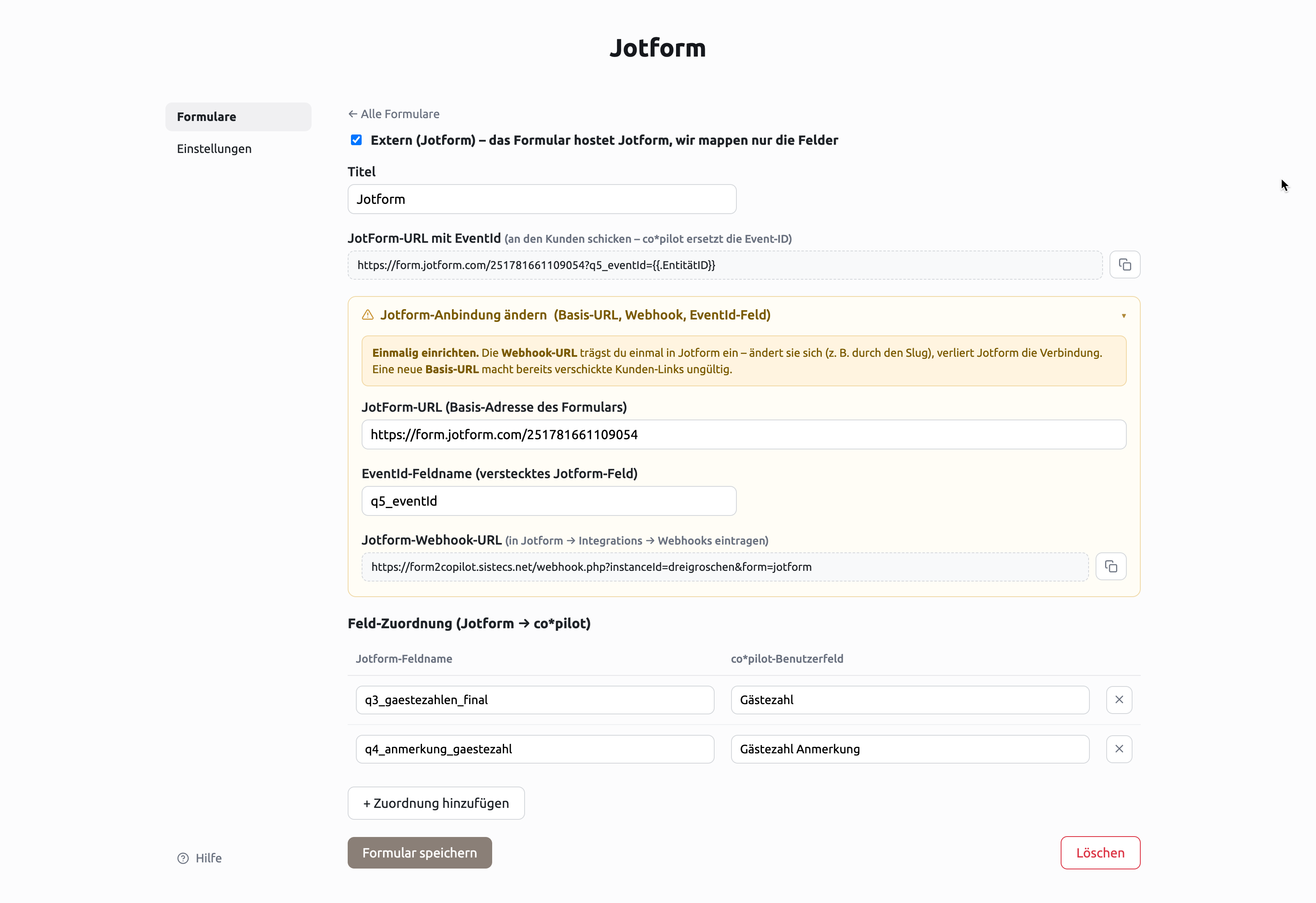 Zuordnungs-Tabelle: welches Jotform-Feld in welches co\*pilot-Feld geschrieben wird
