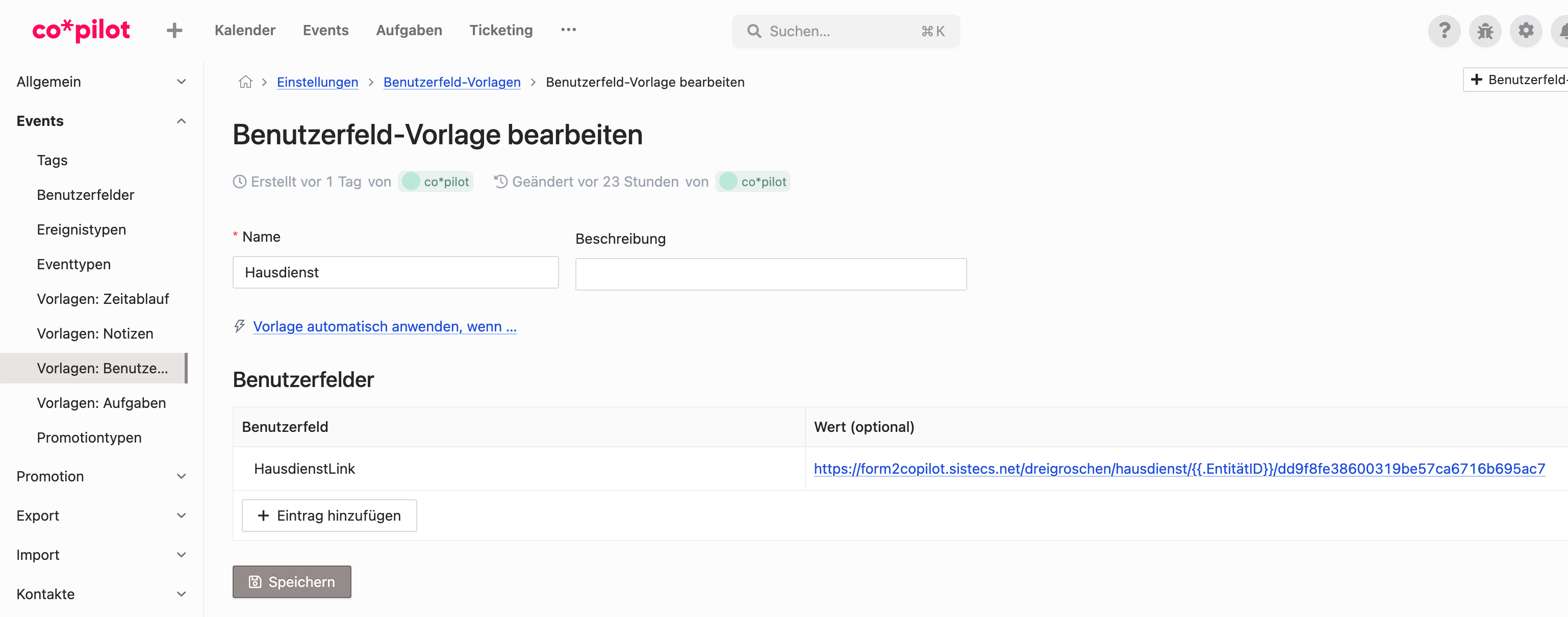 Benutzerfeld-Vorlage mit einem Link-Feld, dessen URL den Platzhalter {{.EntitätID}} enthält